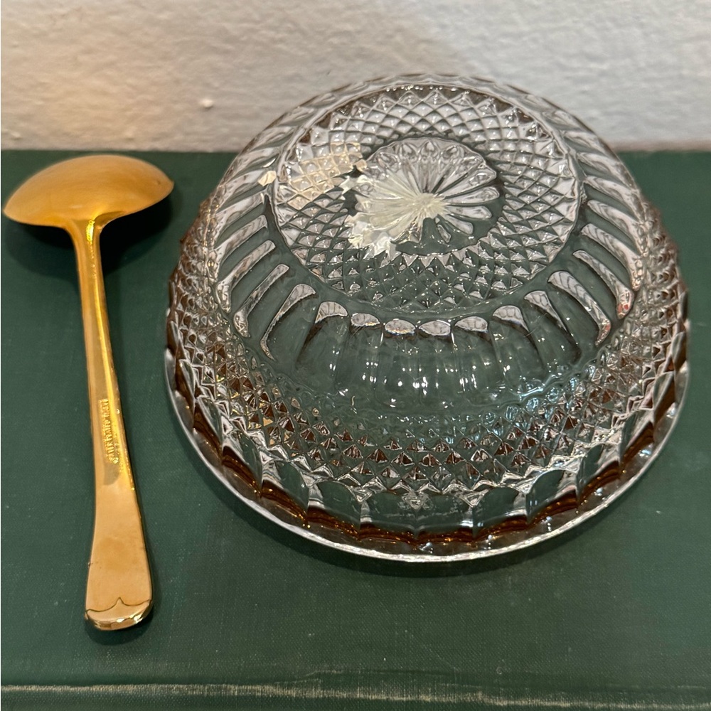 Vintage William Adams Gold Etched Lead Crystal Bowl with Silver Plated Spoon - Picture 7 of 12